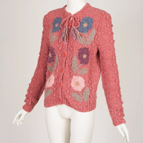 1970s Vintage Floral Intarsia Pink Nubby Wool Tassel Cardigan Sweater Sz M - Picture 3 of 6